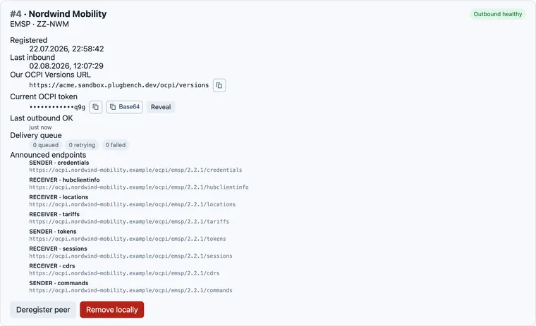 Die plugbench-Konsole mit einem registrierten eMSP-Peer: angekündigte OCPI-Endpunkte mit Sender- und Receiver-Rollen, leere Zustellwarteschlange und das maskierte Peer-Token.